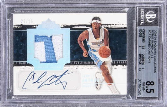 2003-04 UD "Exquisite Collection" Noble Nameplates #CA Carmelo Anthony Signed Patch Rookie Card (#25/25) – BGS NM-MT+ 8.5/BGS 10